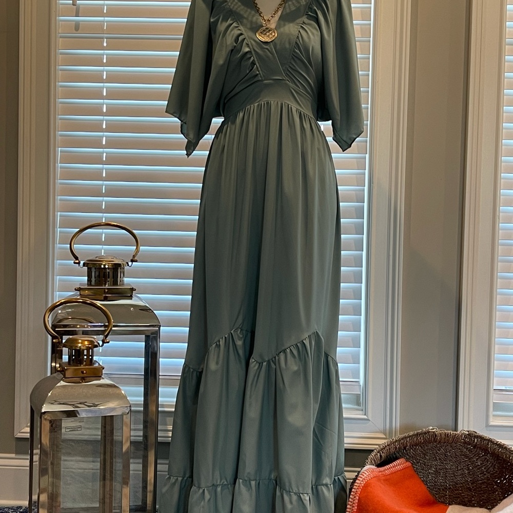 Maxi dress casual mid sleeves pleated ruffle BoHo dress - Picture 15 of 16